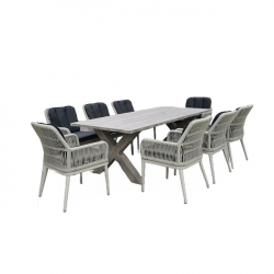 ALLEY Set Τραπεζαρία Κήπου ALU & Rope Grey-Μαξιλ.Ανθρακί: Τραπέζι 220x94 + 8 Πολυθρόνες  Τραπ:220x94x72 Πολ:62x64x85cm