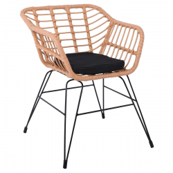 SALSA-D Πολυθρόνα Τραπεζαρίας Κήπου, Μέταλλο Βαφή Μαύρο, Wicker Φυσικό, Μαξιλάρι Μαύρο  59x56x77cm