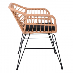 SALSA-D Πολυθρόνα Τραπεζαρίας Κήπου, Μέταλλο Βαφή Μαύρο, Wicker Φυσικό, Μαξιλάρι Μαύρο  59x56x77cm