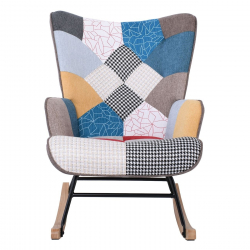 ALMA Rocking Πολυθρόνα Μπερζέρα Καθιστικού, Ύφασμα Patchwork, Βάση Μαύρο-Φυσικό  67x86x92cm