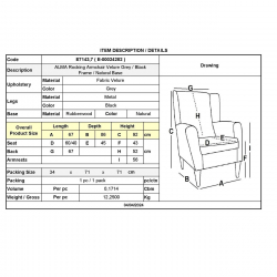 ALMA Rocking Πολυθρόνα Μπερζέρα Καθιστικού, Ύφασμα Velure Γκρι, Βάση Μαύρο-Φυσικό  67x86x92cm