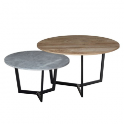 TEDDY Set-2 Τραπεζάκια Σαλονιού-Καθιστικού, Μέταλλο Μαύρο,Απόχρωση Καρυδί & Cement  Φ.80 H.45cm + Φ.60 H.35cm