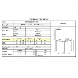 MODA Καρέκλα-Pro Στοιβαζόμενη PP - UV Protection, Απόχρωση Ανθρακί  48x57x80cm