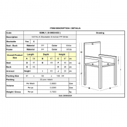 NATALIA Πολυθρόνα Τραπεζαρίας Κήπου Στοιβαζόμενη, PP Απόχρωση Άσπρο/Μπεζ  58x67x87cm