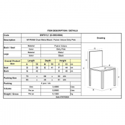 MYRIAM Καρέκλα Τραπεζαρίας, Μέταλλο Βαφή Μαύρο, Ύφασμα Velure Απόχρωση Dirty Pink  50x56x83cm