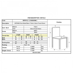 MYRIAM Καρέκλα Τραπεζαρίας, Μέταλλο Βαφή Μαύρο, Ύφασμα Velure Απόχρωση Forest Green  50x56x83cm