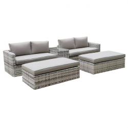 ASCOT Set Wicker Alu, Καναπές 4Θέσιος+2 σκαμπό+Τραπεζάκι, Wicker Grey White,  Μαξιλ.Μπεζ  Table:75x43x52cm Set 6 Seats