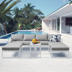 ORBEA Set Καθιστικό Κήπου ALU Άσπρο, Καναπές 4Θ+2 Πάγκοι+ Τραπέζι, Μαξιλάρι Μπεζ  250x68x60/120x65x30/68x42x52cm
