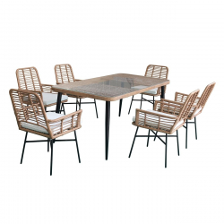 SALSA Τραπεζαρία Κήπου:Μέταλλο Βαφή Μαύρο, Wicker Φυσικό: 6 Πολυθρόνες+Τραπέζι, Μαξ.Άσπρο  Tab:180x90x74 Armch:58x63x85cm