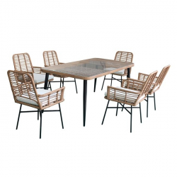 SALSA Τραπεζαρία Κήπου:Μέταλλο Βαφή Μαύρο, Wicker Φυσικό: 6 Πολυθρόνες+Τραπέζι, Μαξ.Άσπρο  Tab:180x90x74 Armch:58x63x85cm