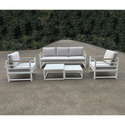 MARILIAN Set Σαλόνι Κήπου, 5τεμ, Μέταλλο Βαφή Άσπρο, Μαξιλάρια Γκρι  2 Πολυθρ+1 Καναπ+2 Τραπεζάκια