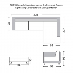 DORNO Καναπές Σαλονιού Αριστερή Γωνία με Αποθηκευτικό Σκαμπό, Ύφασμα Γκρι  308x207/98xH91cm, 98x98x50cm