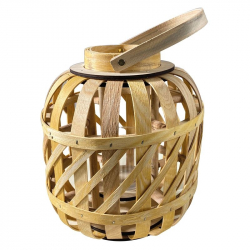 LANTERN ROUND Φανάρι Κήπου- Βεράντας Ξύλινο, Απόχρωση Φυσικό, με Γυάλινο ποτήρι  Φ24x27cm