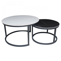 TERRY Set2 Τραπεζάκια Σαλονιού , Μέταλλο Βαφή Μαύρο, Sintered Stone White-Black Marble  Φ.80 H.48cm + Φ.60 H.40cm