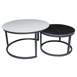 TERRY Set2 Τραπεζάκια Σαλονιού , Μέταλλο Βαφή Μαύρο, Sintered Stone White-Black Marble  Φ.80 H.48cm + Φ.60 H.40cm