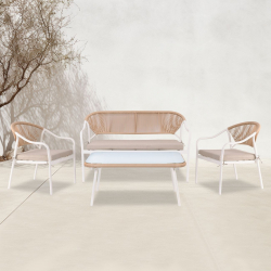 PALERMO Set Καθιστικό Κήπου Μεταλλικό Άσπρο,Wicker Φυσικό: Τραπέζι+2 Θέσιος+2 Πολυθρόνες  88x48x40-124x63x78-60x63x78cm