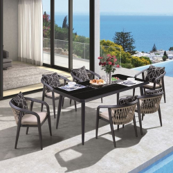 JARDIN Τραπεζαρία ALU Ανθρακί, HPL Μαύρο, Rope Μπεζ: Τραπέζι + 6 Πολυθρόνες με Μαξιλάρια  Table:180x90x75 Chair:63x62x77