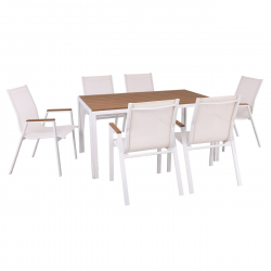 VIRNA Set Τραπεζαρία: Τραπέζι + 6 Πολυθρόνες, Μέταλλο Βαφή Άσπρο, Polywood Φυσικό  Table:150x90x73 Chair:56x63x90