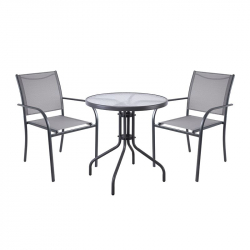 LANGLEY Set Κήπου: Τραπέζι + 2 Πολυθρόνες Στοιβαζόμενες Μέταλλο Ανθρακί,Textilene Γκρι  Table:Φ60x70cm Chair:55x68x87