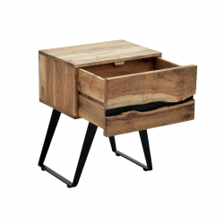 Κομοδίνο Imena pakoworld μασίφ ξύλο Acacia σε φυσικό απόχρωση με μαύρα μεταλλικά πόδια 45x35x56εκ