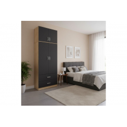 Ντουλάπα δίφυλλη με 2 συρτάρια και πατάρι Lego pakoworld σε oak-ανθρακί απόχρωση 80x42x240εκ