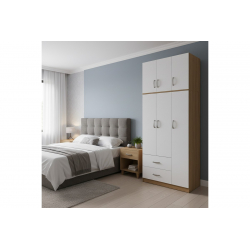 Ντουλάπα τρίφυλλη με 2 συρτάρια και πατάρι Lego pakoworld σε oak-λευκή απόχρωση 90x42x240εκ