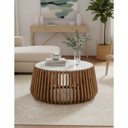 Τραπέζι σαλονιού Mable pakoworld mango ξύλο σε φυσική απόχρωση με επιφάνεια μαρμάρου Φ80x45εκ