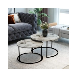 Τραπέζια σαλονιού Solme pakoworld 2τεμ λευκή όψη μαρμάρου με μαύρα μεταλλικά πόδια