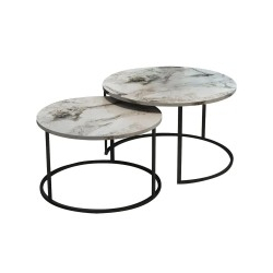 Τραπέζια σαλονιού Solme pakoworld 2τεμ λευκή όψη μαρμάρου με μαύρα μεταλλικά πόδια