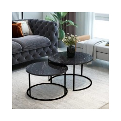 Τραπέζια σαλονιού Solme pakoworld 2τεμ μαύρο εφε μαρμάρου με μαύρα μεταλλικά πόδια