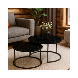 Τραπέζια σαλονιού Solme pakoworld 2τεμ μαύρο εφε μαρμάρου με μαύρα μεταλλικά πόδια