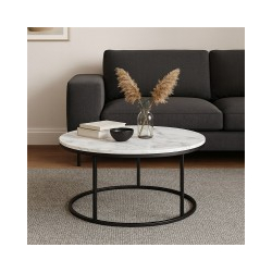 Τραπέζι σαλονιού Sikele pakoworld λευκή όψη μαρμάρου και μαύρα μεταλλικά πόδια Φ60x40εκ