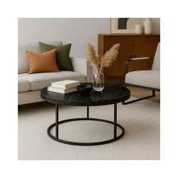 Τραπέζι σαλονιού Sikele pakoworld μαύρο εφε μαρμάρου με μαύρα μεταλλικά πόδια Φ60x40εκ