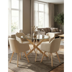 Τραπεζαρία με Πολυθρόνες Safira μπεζ και Τραπέζι Antoro γυαλί Φ100x75εκ Σετ 5τεμ