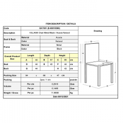 VILLAGE Καρέκλα Τραπεζαρίας, Μέταλλο Βαφή Μαύρο, Ξύλο Ακακία Απόχρωση Φυσικό  44x57x85cm