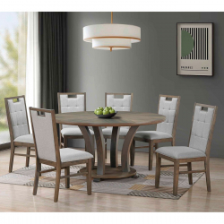 GORDON Set Τραπεζαρία Ξύλινη Σαλονιού: Τραπέζι+6 Καρέκλες, Antique Grey Walnut, Ύφ.Γκρι  Table Φ150x78 -Chair 55x48x100