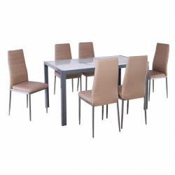JETTA-DEGO Set Τραπεζαρία: Τραπέζι + 6 Καρέκλες, Μέταλλο Γκρι - Γυαλί Marble - PVC Μπεζ  Table:140x80x75 Chair:40x50x95