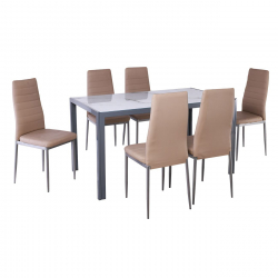 JETTA-DEGO Set Τραπεζαρία: Τραπέζι + 6 Καρέκλες, Μέταλλο Γκρι - Γυαλί Marble - PVC Μπεζ  Table:140x80x75 Chair:40x50x95