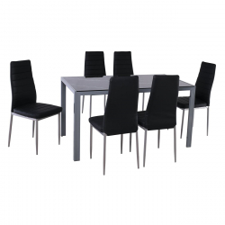 JETTA-DEGO Set Τραπεζαρία: Τραπέζι + 6 Καρέκλες, Μέταλλο Γκρι - Γυαλί Μαύρο - PVC Μαύρο  Table:140x80x75 Chair:40x50x95