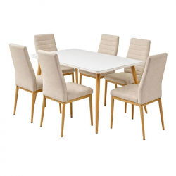 JETTA-UNION Set Τραπεζαρία: Τραπέζι + 6 Καρέκλες, Μέταλλο Βαφή Φυσικό, Ύφασμα Μπεζ  Table:130x80x75 Chair:40x50x95