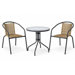 MIKA Set Κήπου - Βεράντας: Τραπέζι + 2 Πολυθρόνες Μέταλλο Βαφή Ανθρακί, PE Rattan Φυσικό  Table:Φ60x70 Chair:54x69x73cm