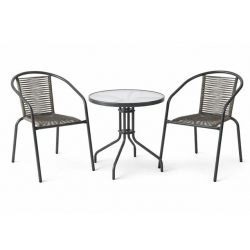 MIKA Set Κήπου - Βεράντας: Τραπέζι + 2 Πολυθρόνες Μέταλλο Βαφή Ανθρακί, PE Rattan Γκρι  Table:Φ60x70 Chair:54x69x73cm