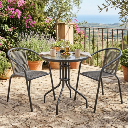 MIKA Set Κήπου - Βεράντας: Τραπέζι + 2 Πολυθρόνες Μέταλλο Βαφή Ανθρακί, PE Rattan Γκρι  Table:Φ60x70 Chair:54x69x73cm