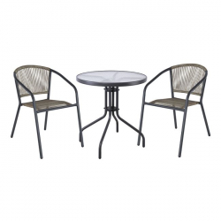 PATTY Set Κήπου - Βεράντας: Τραπέζι + 2 Πολυθρόνες Μέταλλο Βαφή Ανθρακί, PE Rattan Γκρι  Table:Φ60x70 Chair:54x69x73cm