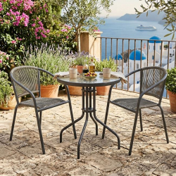 PATTY Set Κήπου - Βεράντας: Τραπέζι + 2 Πολυθρόνες Μέταλλο Βαφή Ανθρακί, PE Rattan Γκρι  Table:Φ60x70 Chair:54x69x73cm