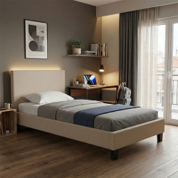 Κρεβάτι Nevil pakoworld ύφασμα εκρού με ξύλινο μαύρο πόδι 90x190εκ