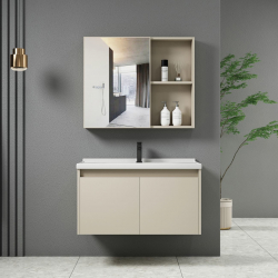 IDEA-1 Set Έπιπλο Μπάνιου Cream, Καθρέπτης + Πάγκος με Νιπτήρα και Μπαταρία  Up:55x11x60cm Down:60x47x45cm
