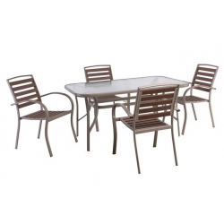 SERRANO-RIO Set Κήπου: Τραπέζι + 4 Πολυθρόνες, Μέταλλο Βαφή Beige, Polywood Καρυδί  Table:150x90x71 Chair:56x64x88