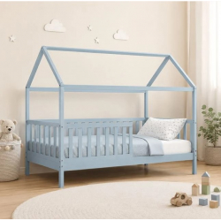 DREAM τ.Montessori Παιδικό Κρεβάτι με Στρώμα 90x190/19cm, Ξύλο Πεύκου Απόχρωση Γαλάζιο  197x97x132cm