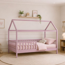 DREAM τ.Montessori Παιδικό Κρεβάτι με Στρώμα 90x190/19cm, Ξύλο Πεύκου Απόχρωση Ροζ  197x97x132cm